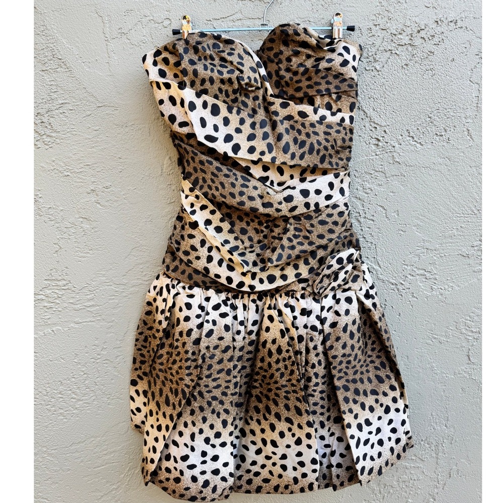 Vintage Positively Ellyn Strapless Leopard Print Ruched Ruffle Dress Glam Party